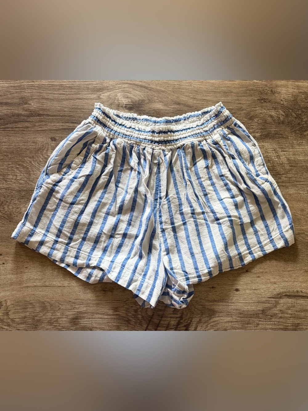 Women’s Blue and White Striped Elastic-Waist Shorts
